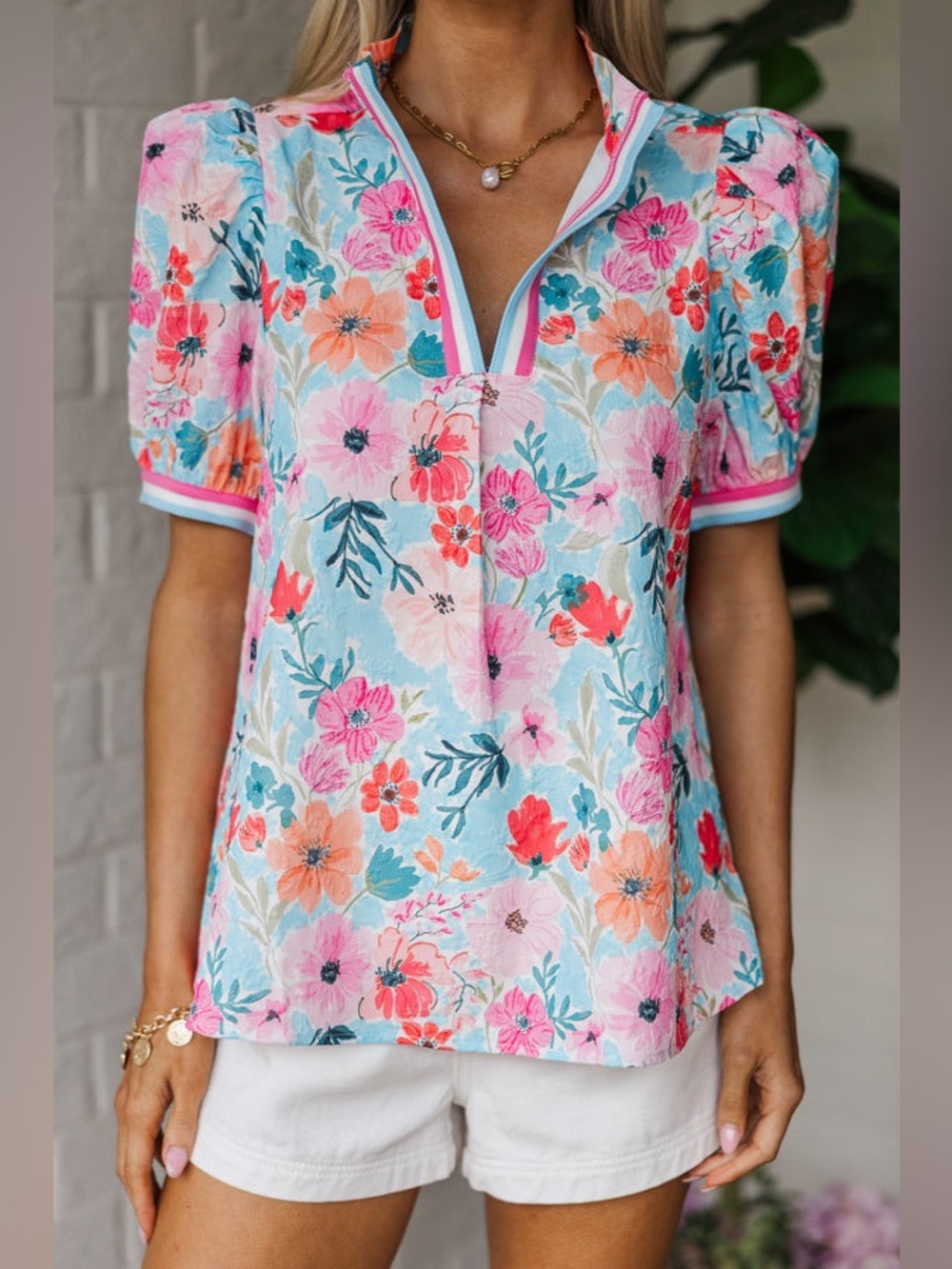 Umgee All That Is Known Pink Floral Puff Short Sleeves Blouse Size Medium